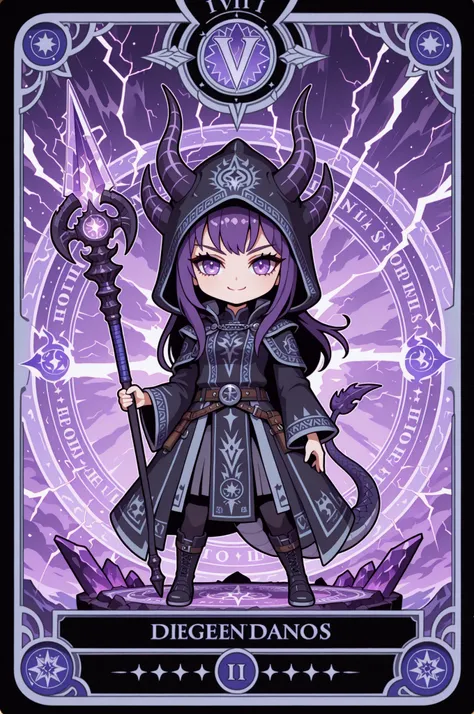 chibi , 1girl, dragon clan, white hair, Descendants of dragons, Dragon Horn, dragon tail, white hair, smile, flat color, full body shot, posing, Tarot Card Background, lightning long wizard's staff, dynamic pose
