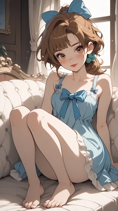 , 1 , Full view, to break (Disney beauty ,  brown hair , hazel eyes,  fair skin , barefoot, blue bow,  ponytail:1.3), to break ( elegant alcove  :1.1), to break sitting in a big sofa in her alcove, em uma pose sexy,  wearing blue dress ,  and white long-sl...