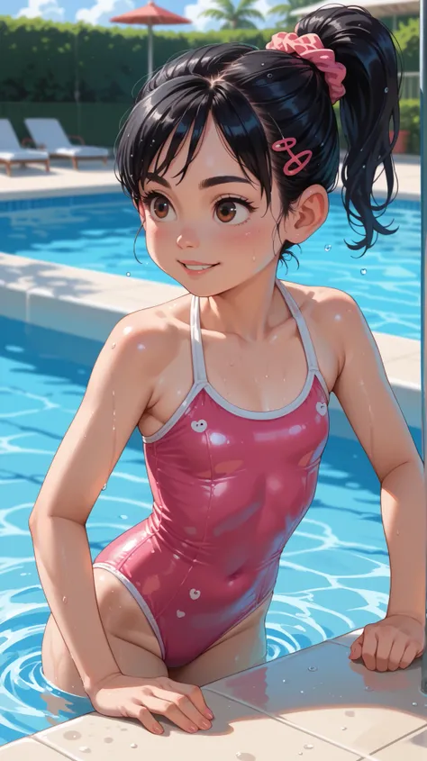 1 girl, VanellopevonS, 1girl, anime style, solo, black hair, hair ornament, hair scrunchie, swimsuit, small girl, cute, solo, bathing, hotel pool, miami, sfw