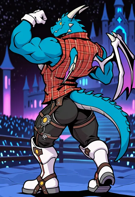 First of fourteen space cowboy dragon from Dyne's harem! solo, alone, ass-less chaps, rodeo rope, spurs, open plaid shirt, dragon tail, handkerchief, hunky male, dragon man, thick muscles, hunky daddy dragon from fantasy realm! masterpiece, best quality, ...