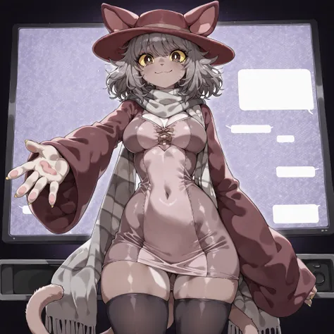 (front angle, extending arm towards viewer) (solo:1.5, solo character:1.5) (adult:1.2, mature:0.9, female, girl, Niko, small thighs:1.2) ((purple lighting, dark lighting)), (((dark grey scarf, yellow sclera, greyish brown eyes))) [very big eyes:1.5], (roun...
