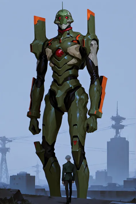 A giant green robot wit lots of weapons and looks like a tanky bulky monster human. Looks similar to unit 01 from evangelion
