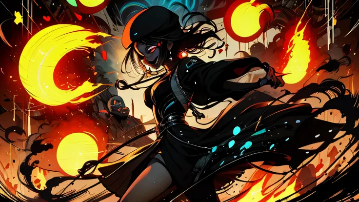 Anime, girl, well-drawn face and body, madness, club, fun, smile, dance, crowd, DarkStep concert, fun, cap, piercing, earrings, black outfit, eyes burning with black fire