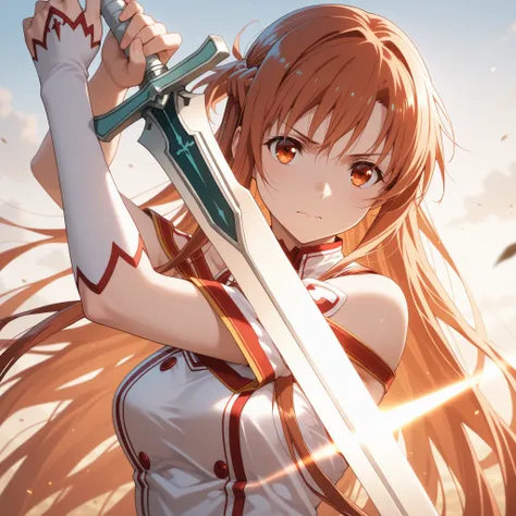 , top quality,masterpiece,Super High Quality,Extremely Aesthetic,asuna(SAO),hold up a sword,