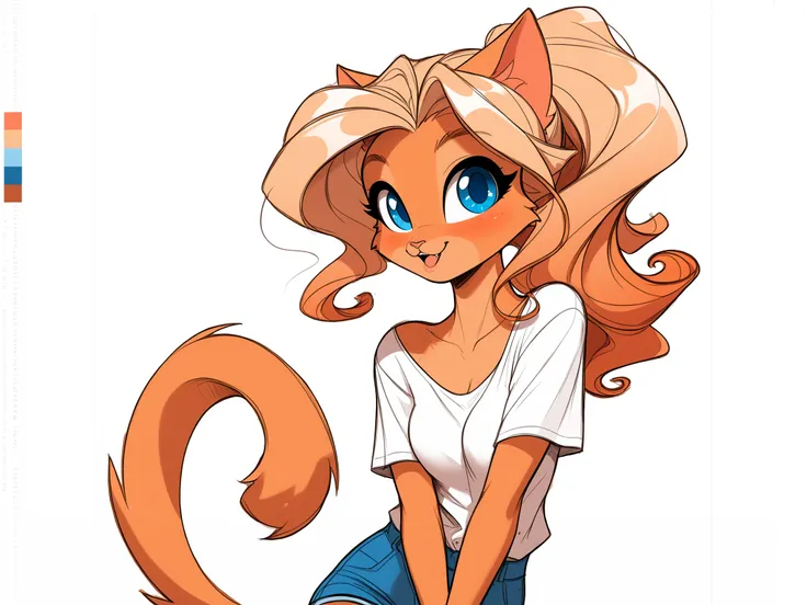 pencil sketch, line art, cute anthro cat girl with long blond hair, pretty blue eyes, medium breasts, skinny, swishing tail, very detailed, Twirling with a champagne fute, giggling as fngers brush during a toast, swaying lazily to the music.