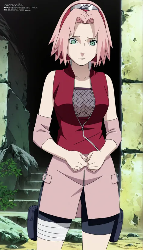 1girl,haruno sakura taking off shirt , BREAK pink hair, short hair, red hairband, green eyes, parted bangs, BREAK red sleeveless minidress, zipper, pink miniskirt, bandaged thigh, BREAK medium breasts, beautiful body, beautiful legs , masterpiece,best qual...
