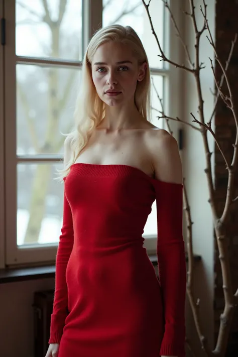 Elegant portrait of a slender blond woman in a red strapless sweater, That covers her thighs, She looks directly at the camera, thoughtful facial expression, stands in front of a large window with bare branches behind, subdued winter light falls through th...