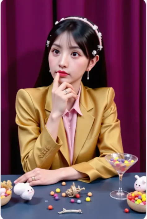 a fortune teller girl sitting at a table. She’s wearing a chic gold blazer, with a soft pink blouse underneath, and has long, black hair with a light pink headband. Her finger is thoughtfully placed on her chin, as if deep in thought. The table is adorned ...