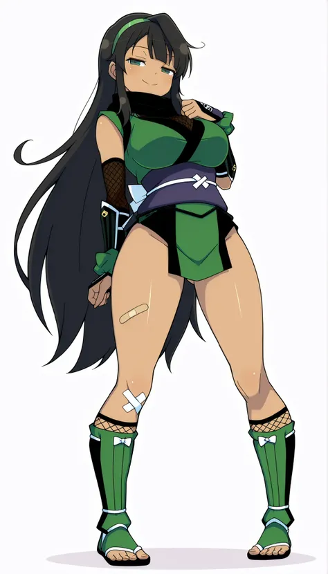 ((Highest Quality)), (Simple background), 1girl, full body, standing, breast, thighs, smile, seductive, half-closed eyes, dark skin, green eyes, black hair, very long hair, side bangs, single hair intake, gyaru, wrist scrunchy, green hairband, bandaids on ...