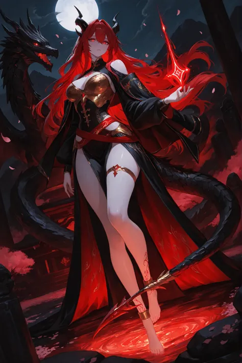 masterpiece, best quality, very aesthetically pleasing, high contrast, newest, sfw, 1 divinely beautiful dragon woman, Full body view, Dragonkin princess, stunning and graceful, long flowing crimson hair with black tips, glowing molten gold eyes with slit ...