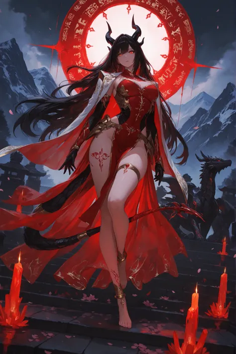 masterpiece, best quality, very aesthetically pleasing, high contrast, newest, sfw, 1 divinely beautiful dragon woman, Full body view, Dragonkin princess, stunning and graceful, long flowing hair with black tips, glowing molten gold eyes with slit pupils, ...