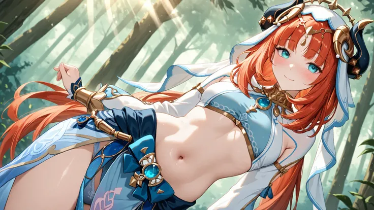 masterpiece,top quality,Great Quality,forest、sunlight filtering through the trees、 Nilou (Genshin Impact), 1girl, Dazzling Smile、Blush、embarrassing、aqua eyes, blush, separated sleeve, stares at the viewer, belly button, Veil, white Veil、Dance、The skirt i...
