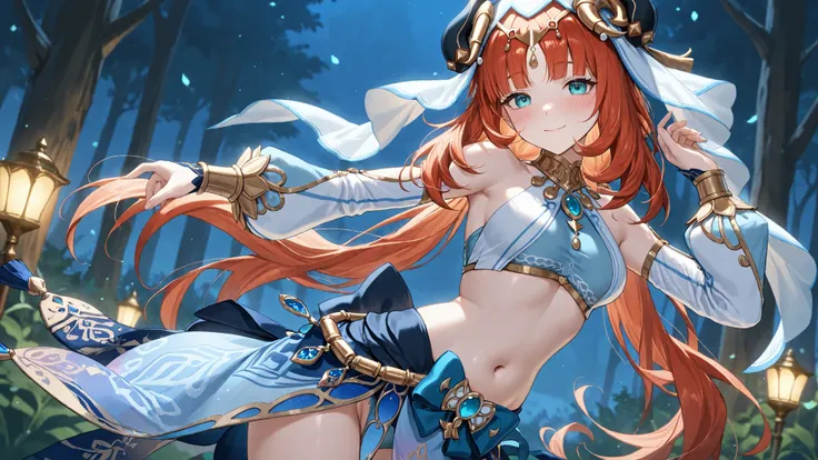 masterpiece,top quality,Great Quality,night、forest、moonlight、 Nilou (Genshin Impact), 1girl, Dazzling Smile、Blush、embarrassing、aqua eyes, blush, separated sleeve, stares at the viewer, belly button, Veil, white Veil、dance、Dance、The skirt is transparent a...