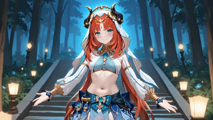 masterpiece,top quality,Great Quality,night、forest、moonlight、 Nilou (Genshin Impact), 1girl, Dazzling Smile、Blush、embarrassing、aqua eyes, blush, separated sleeve, stares at the viewer, belly button, Veil, white Veil、dance、Dance、spreads her hands、Take the...