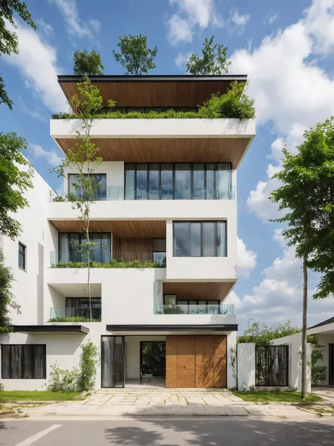 Masterpiece, hanging boob, best quality, authentic , Super details, outdoor, modern home style,Four-storey villa, white wall, glass windows , gateway , sidewalk , grass , tree ,blue sky, cloud, (day:1.1), Realistic lighting