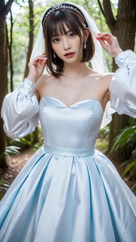 (taken directly from the front),(Picture of a woman wearing a wedding dress made of shiny pale blue satin fabric),(masterpiece, top quality , Ultra High Accuracy),very detailed CG,(Eye makeup to lengthen eyelashes),Straight bob hair with bangs,Wedding head...