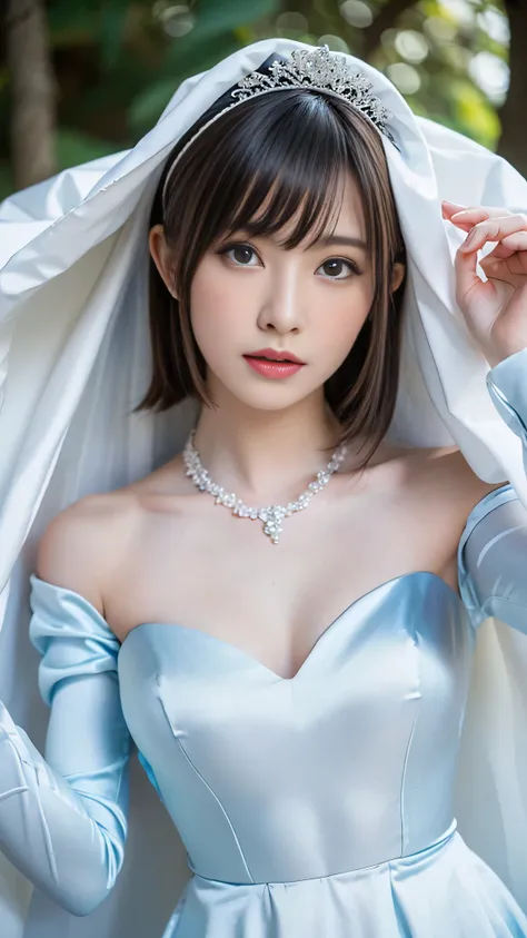 (Portrait of the upper body taken directly from the front),((Woman wearing a wedding dress made of shiny pale blue satin fabric)),(masterpiece, top quality , Ultra High Accuracy),very detailed CG,(Eye makeup to lengthen eyelashes),Straight bob hair with ba...