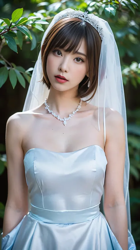 (Portrait of the upper body taken directly from the front),((Woman wearing a wedding dress made of shiny pale blue satin fabric)),(masterpiece, top quality , Ultra High Accuracy),very detailed CG,(Eye makeup to lengthen eyelashes),Straight bob hair with ba...