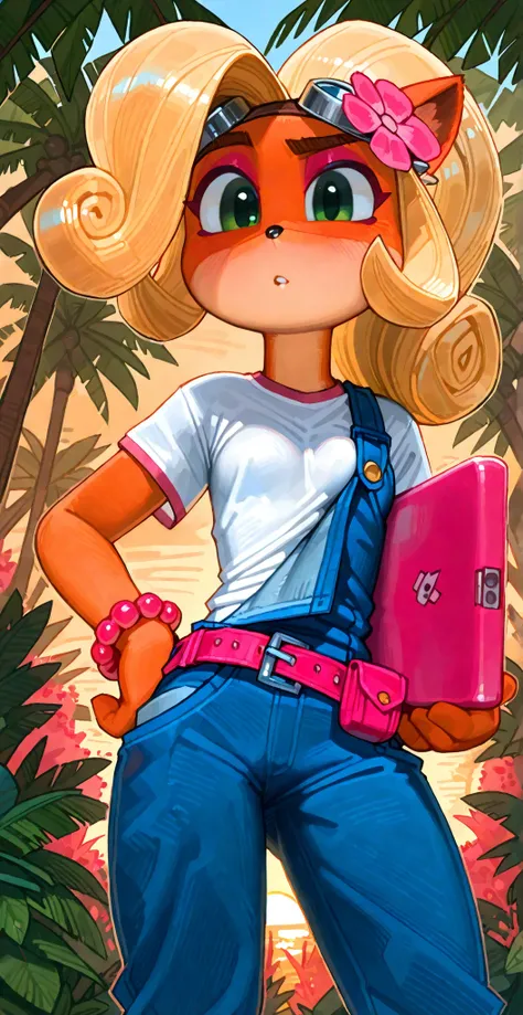 ((Coco bandicoot)), ((pixelsketcher)), ((wamudraws)), (solo portrait, low angle), (attractive figure, small breast, beautiful legs, orange fur, beige underbelly, black nose, cute green eyes, short eyelashes, blonde hair, curly ponytail, curly bang, raised ...