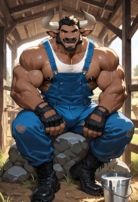 Athlete body, commission for high res, anthropomorphic, there is a minotaur, minotaur horns, milk bucket, wearing blue overalls, white tank top, black gloves, muscular, smile, open mouth, view from beside, piercing nipples, black nipples, black boot, farm,...