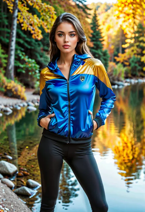 ( better quality, 4k, 8K, high resolution, Kunstwerk: 1.2), (sehr detailliert, realistisch, fotorealistisch:1.37)Eine junge Frau, fesselnd , Wears an eye-catching blue and gold windbreaker, Black leggings stand by the lake ,The lake is in the forest and ...