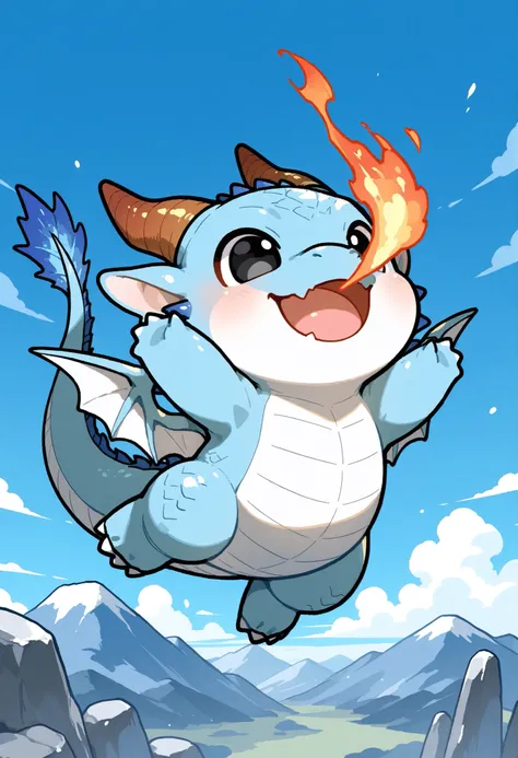 chibi, solo, no humans, dragon, cute, black eyes, skin fang, body, white colored body, blue dragon horn, blue dragon wing, blue dragon tail, short arms, short legs, flying, midair, smile, breathing fire, stone mountain, clouds,