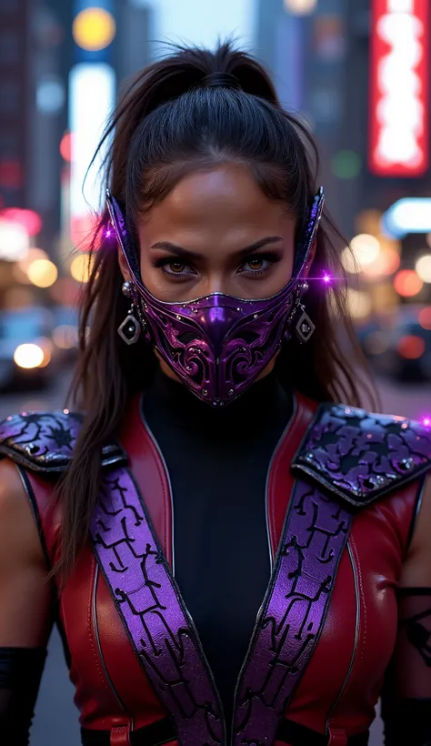 Jennifer Lopez as Mileena from Mortal Kombat focusing on the face 
Aggressive and mystical look in shades of purple and gold. Violet metallic mask with shiny details covers the face, revealing intense golden eyes. Armor with ornate shoulders and tight ches...