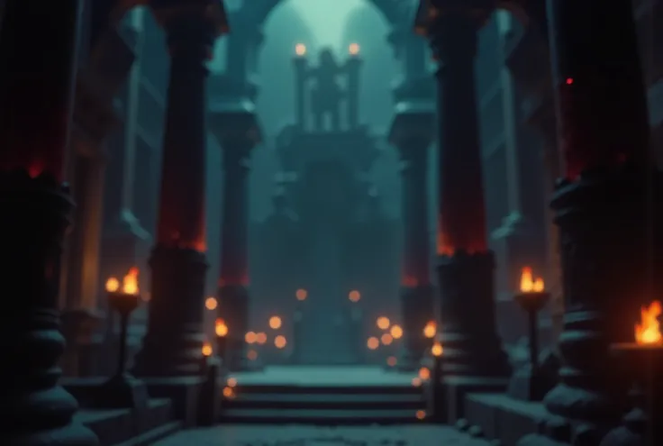 background: dark blurred throne room, glowing runes on distant stone pillars, soft bokeh lights from magical torches, tense and oppressive atmosphere, shallow depth of field ultra detailed, high contrast lighting, magical realism, emotional intensity, cine...