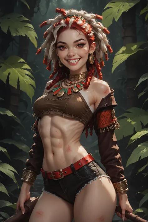Beaming smile. Slender body. Lean body-type. Marble-White skin. Young face. Cute 18-year-old Aztec and Indonesian girl with Asian red eyes and unnaturally sharp shark-like teeth and dreadlocks (white and red hair). Intense red eyes. Sharp and shark-like te...