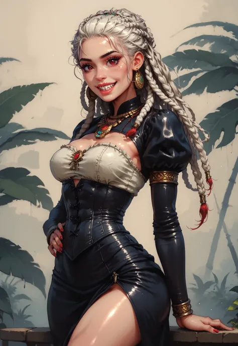 Slender body. Lean body-type. Marble-White skin. Fair skin. Cute 18-year-old Aztec and Indonesian girl with Asian red eyes and unnaturally sharp teeth and dreadlocks (bi-coloured hair: white and red hair). Intense red eyes. Sharp and shark-like teeth. She ...