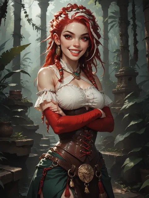 Slender body. Lean body-type. Marble-White skin. Cute 18-year-old Aztec and Indonesian girl with Asian red eyes and unnaturally sharp teeth and dreadlocks (white and red hair). Intense red eyes. Sharp and shark-like teeth. She has a cute and beautiful face...