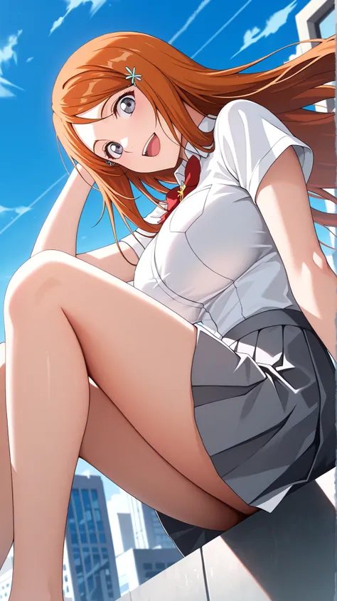 masterpiece, best quality,source_anime,1girl,solo,inoue orihime,looking at viewer,happy,red bowtie,white shirt,Short Sleeves,gray pleated mini skirt,outdoors,city,building,rooftop,blue sky,accidental exposure,wind lift,from side,from below,thigh focus,sitt...