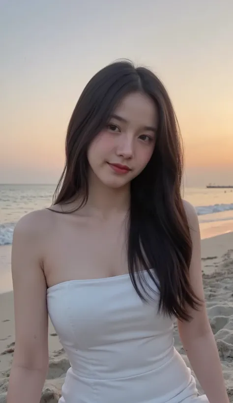 Teen girl Beautiful face Black long hair Big breasts Attractive body looking at camera 8K high definition sharp focus Very high detail Realistic like photo Natural light Smooth skin
Sitting on a sandy beach at sunset
She wore a strapless white dress.
The b...