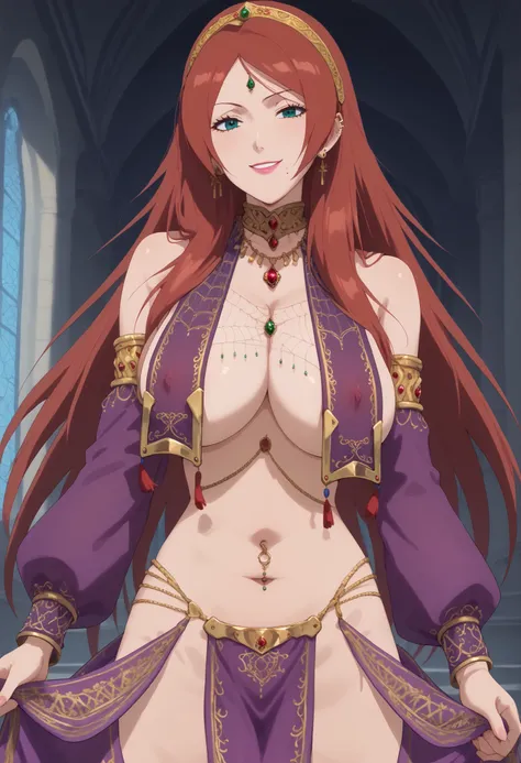 score_9, score_8_up, score_7_up, 
fuka, 1girl, solo, large breasts,, lipstick, breasts,mole under mouth,
, ear piercing, long hair, blush, lipstick,Hot girl, baddie, , sensual, attractive, , cross necklace , choker , jewelry , , harem outfit , tassel , sil...