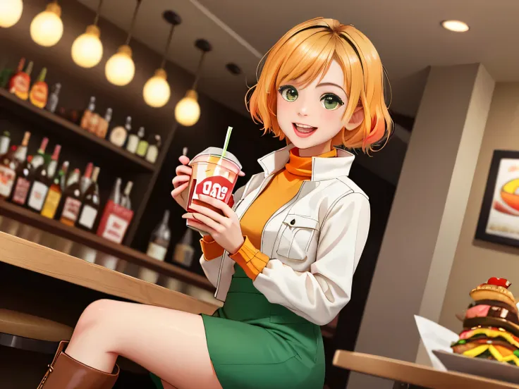**Prompt:** Illustrate a vibrant scene capturing a cute girl reminiscent of Heather Mason as a charming waifu, embodying joy and playfulness while sipping her refreshing soft drink. She has stylish short blonde hair that enhances her lively personality. Fa...