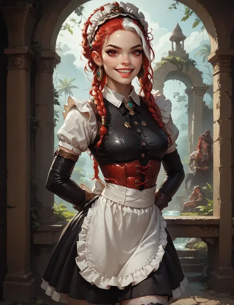 Earnest expression. Slender body. Lean body-type. Marble-White skin. Fair skin. Cute 18-year-old Aztec and Indonesian girl with Asian red eyes and unnaturally sharp teeth and dreadlocks (bi-coloured hair: white and red hair; white highlights in her hair). ...