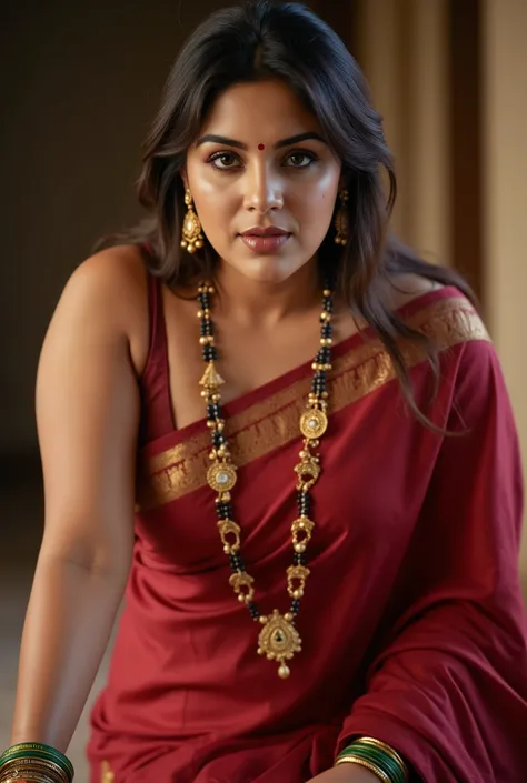 A naughty thick and curvaceous light neutral skin tone woman in completely sweaty hairs, in a traditional attire, lower half of saree is lifted, wearing a deep red messed up elegant saree, no blouse piece and intricate jewelry glass green bangles and a red...