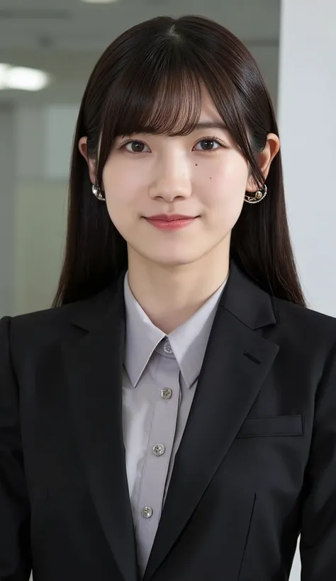 Neat Young Woman、and look at the camera、office lady suit、jacket、shirt、necklace、、ear piercing、、Has bangs、smile showing teeth、薄い茶髪、Bust Up Shot、background is office
