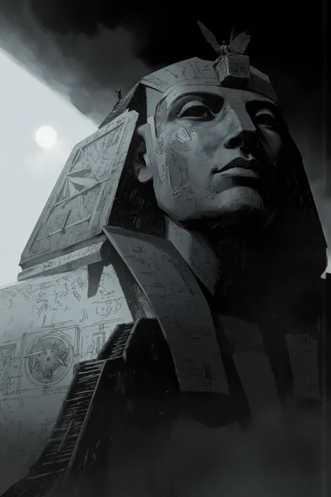 A gigantic stone sculpture, the head of a sphinx dominating the left side of the image, the surface of the sculpture adorned with intricate geometric patterns and symbols, suggestive of some ancient civilization or alien technology. The texture appears smo...