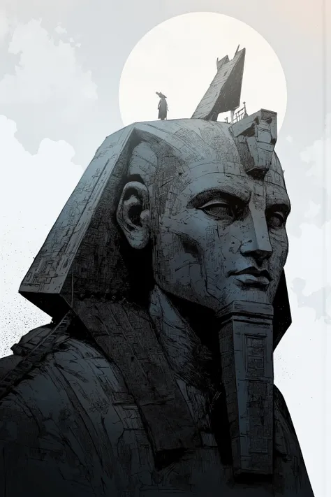 A gigantic stone sculpture, the head of a sphinx dominating the left side of the image, the surface of the sculpture adorned with intricate geometric patterns and symbols, suggestive of some ancient civilization or alien technology. The texture appears smo...