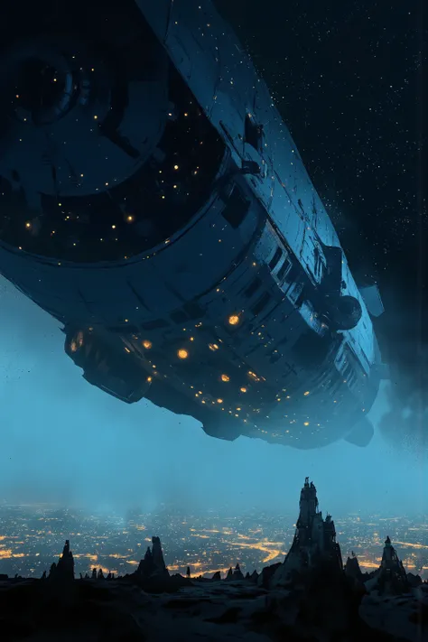 An image of a gigantic spaceship dominating the sky, covered in a deep blue color, with countless lights scattered around, creating a mysterious and otherworldly atmosphere. The extraordinary, craft-like spaceship hovers low over the bustling cityscape. Si...
