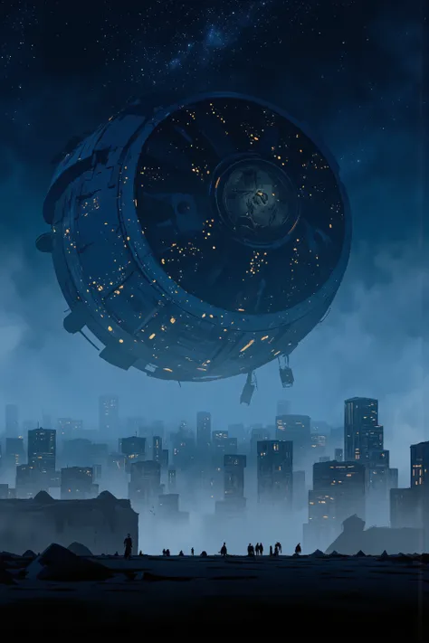 An image of a gigantic spaceship dominating the sky, covered in a deep blue color, with countless lights scattered around, creating a mysterious and otherworldly atmosphere. The extraordinary, craft-like spaceship hovers low over the bustling cityscape. Si...