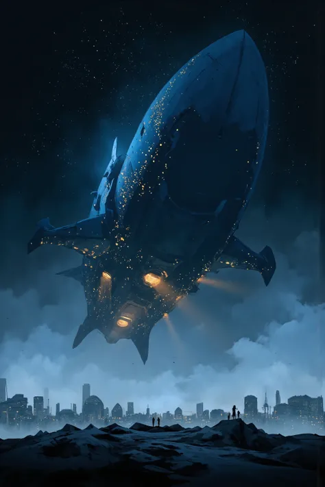 An image of a gigantic spaceship dominating the sky, covered in a deep blue color, with countless lights scattered around, creating a mysterious and otherworldly atmosphere. The extraordinary, craft-like spaceship hovers low over the bustling cityscape. Si...