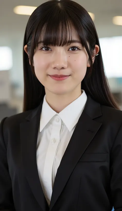 Neat Young Woman、and look at the camera、office lady suit、jacket、shirt、necklace、、ear piercing、、Has bangs、smile showing teeth、薄い茶髪、Bust Up Shot、background is office

