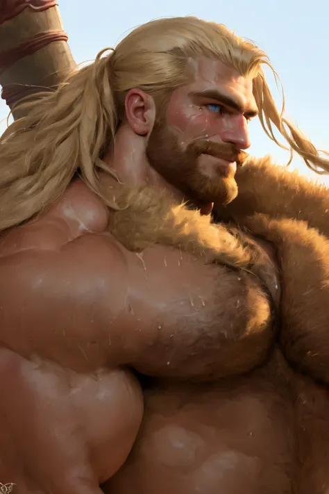 Ultra-detailed fantasy portrait of a colossal barbarian warrior inspired by 80s pulp art, massive and imposing physique, muscular but thick and powerful, hairy chest and shoulders covered with a thick golden-blonde fur, big round large heavy pecs, big thic...