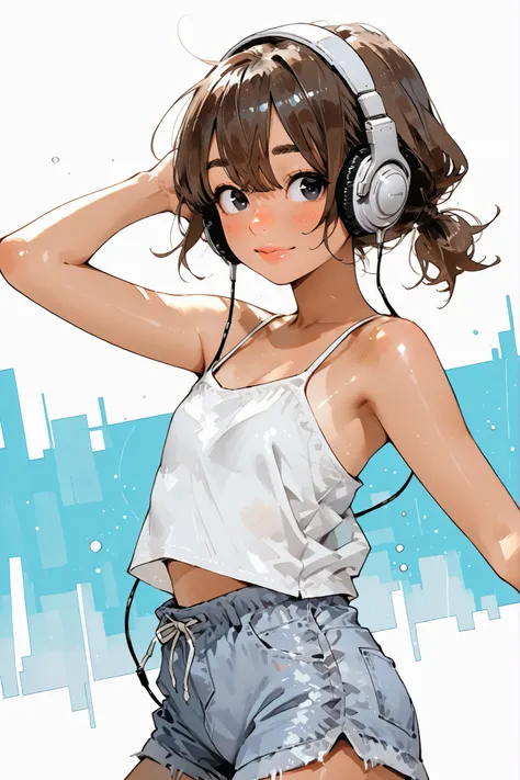 1girl,Super Detailed,absolute resolution,(dynamic angles),(tanned skin:0.5),(tanlines:0.3),(portrait),(pinup),from side, cowboy shot,
(Dancing),(hand on headphones:1.3),
white Spaghetti Strap Camisole,(untucked camisole),skyblue board shorts,,headphones,
...