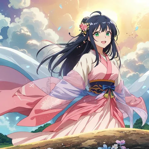 anime girl in a pink dress with a flower in her hair, Official Art, anime moe artstyle, official anime artwork, anime style 4 k, anime goddess, anime visual of a cute girl, beautiful anime, beautiful anime girl, ”beautiful anime woman, Priestess of the Jellyfish 8K, with pink hair and green eyes, anime best girl, Official Artwork, anime! 4K