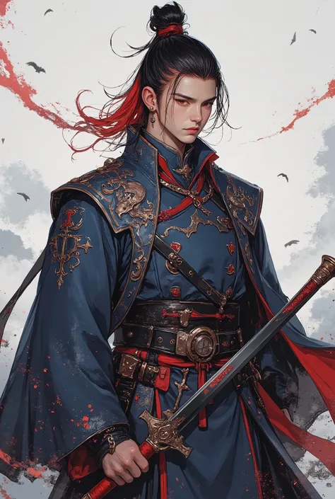 close-up、A beautiful Oriental middle-aged man with two tone red and black hair and spiky hair has increased his magic power and is holding a sword、wearing a blue rococo combat uniform