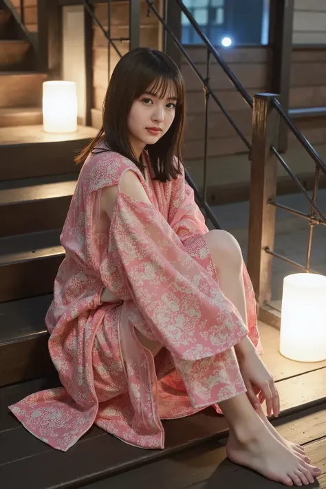 A、A young woman in a short yukata sits on the wooden floor、Illuminated by the soft light of lanterns。Her chest is revealed from a loose yukata。Japanese style architecture、Traditional Wooden Architecture、Shoji door、summer night、steam can get in、Moist Atmosp...