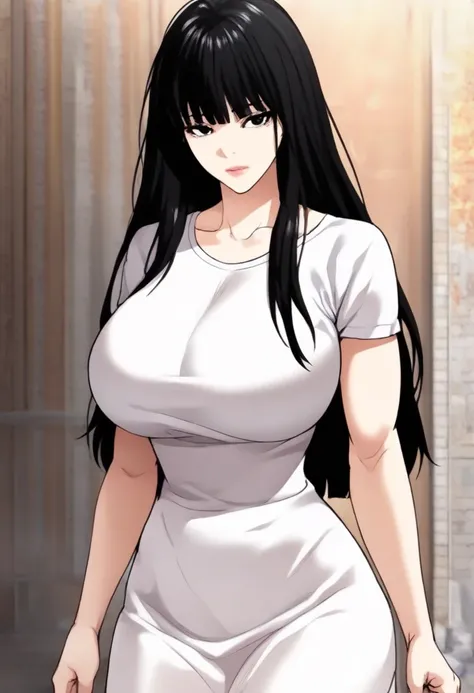 (Daniel park & yeowool ha) (yeowool ha zPDXL3, score_9_up, score_8_up, score_7_up, ,Masterpiece,(perfect female body:1.2), small waist, (incredibly detailed:1.4), beautiful fingers, (large breasts:1.4)  looking at viewer, huge breasts, 1girl, Yeowool Ha, Black eyes, Black Hair, Long hair, Dress.) &( Daniel park :  lookism_danielpark_orginal_body,two block cut,Black hair, lightly muscular body structure )